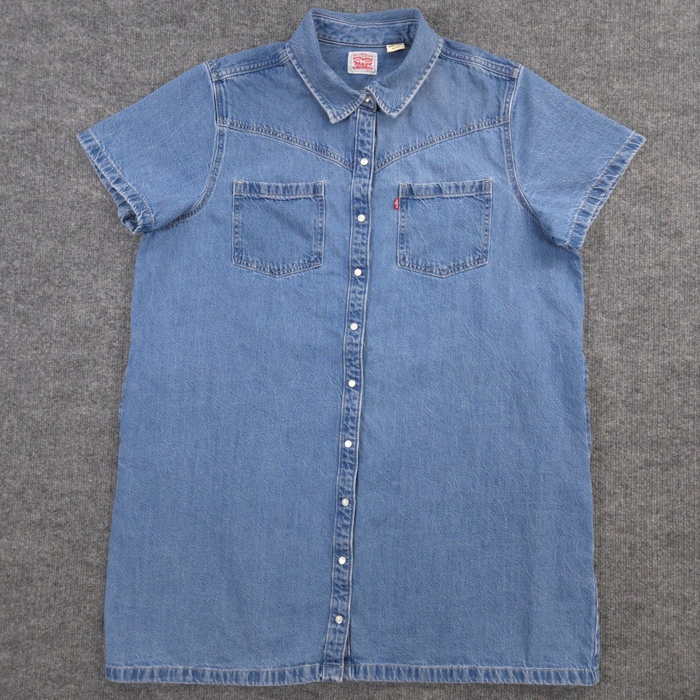 Levis Louisa Denim Dress Womens XL Blue Pearl Snap Short Sleeve Pockets Relaxed